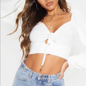 Pretty little thing white puff tie front crop top